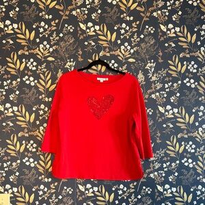 Chico's Bright Red Bedazzled Heart Crewneck Valentine’s Day Top Size 2 L